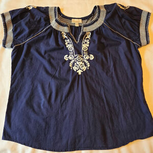 Sz 2X DRESS BARN Navy White 100% Cotton Short Slv Notch Neck Embroidered Blouse